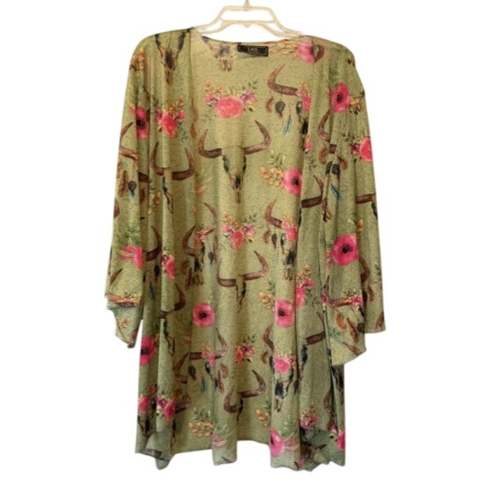 Lucky & Blessed Womens OS Steer Skull Floral Sheer Kimono Cardigan Western Boho